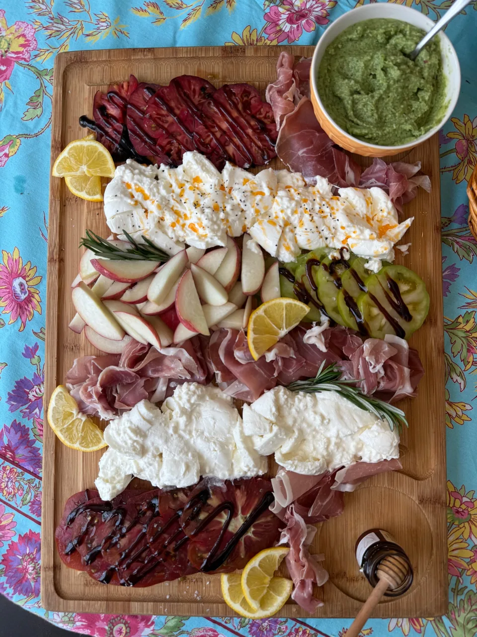 Board of burrata, heirloom tomatoes, prosciutto and nectarines